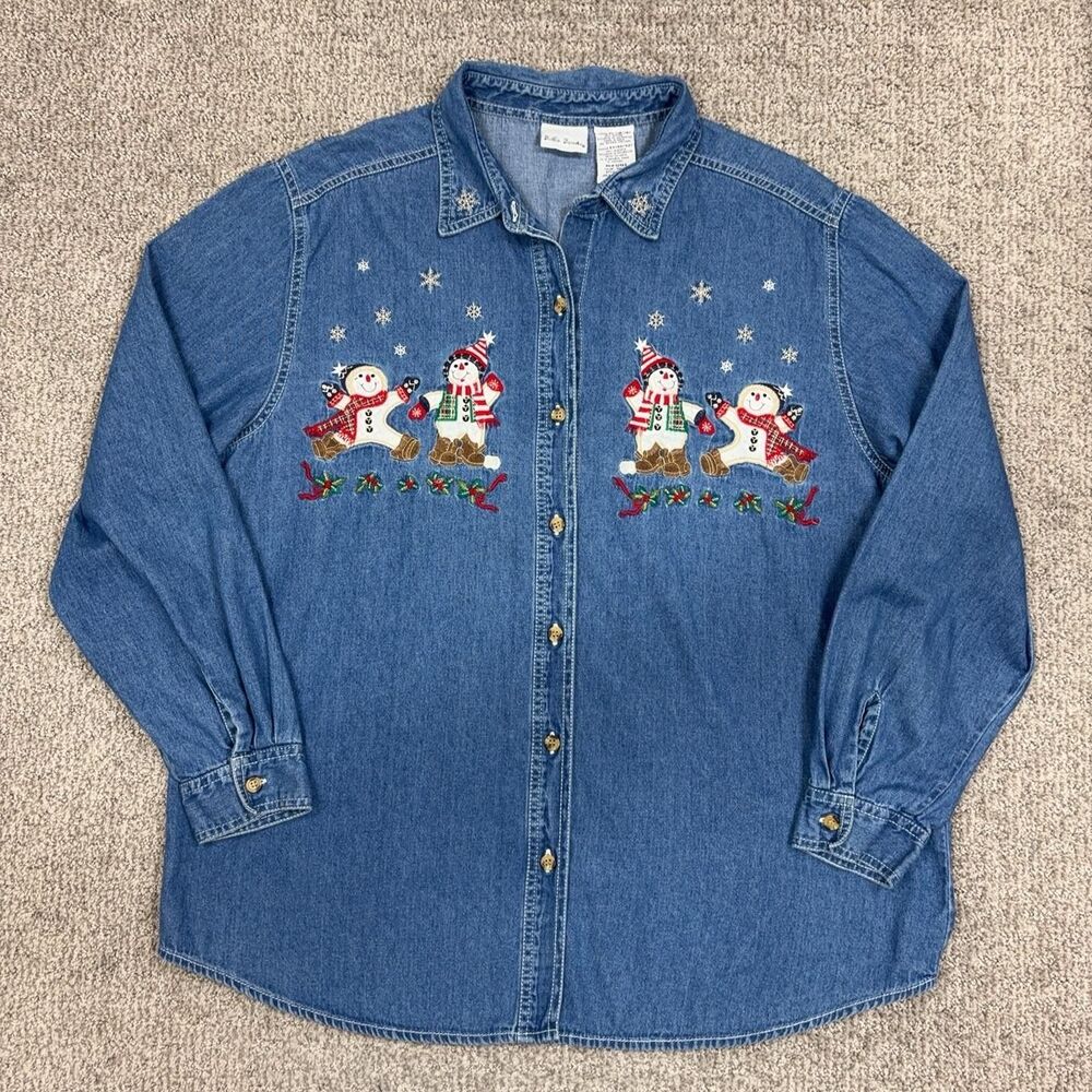 Vintage Christmas Shirt Women XL Blue Denim Snowman Embroidered Winter Holiday